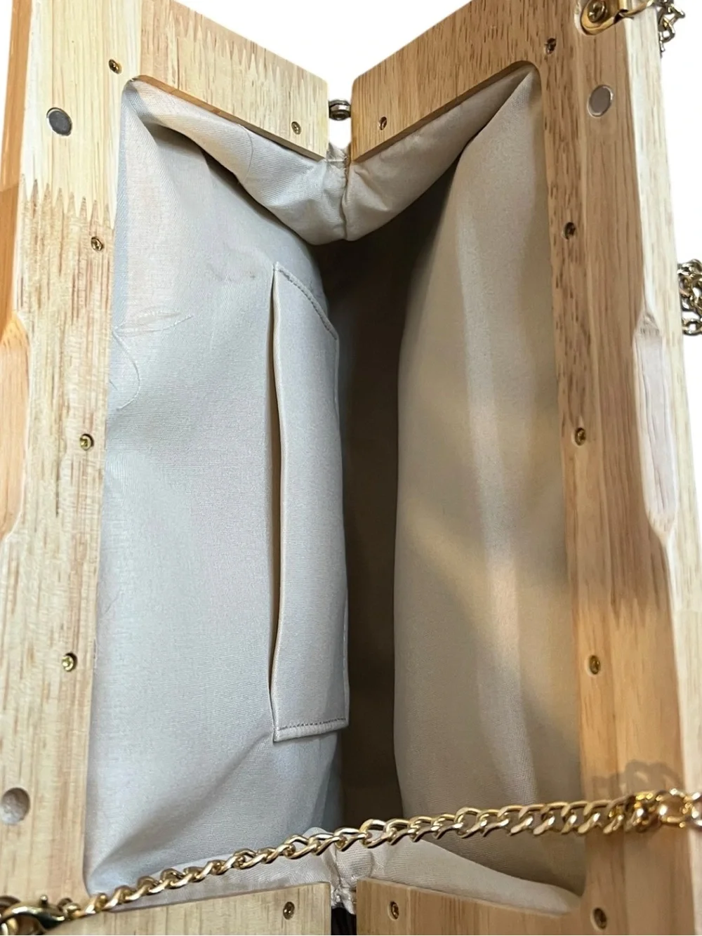 Wood Frame Canvas Crossbody Clutch Beige Tan Striped Removable Chain